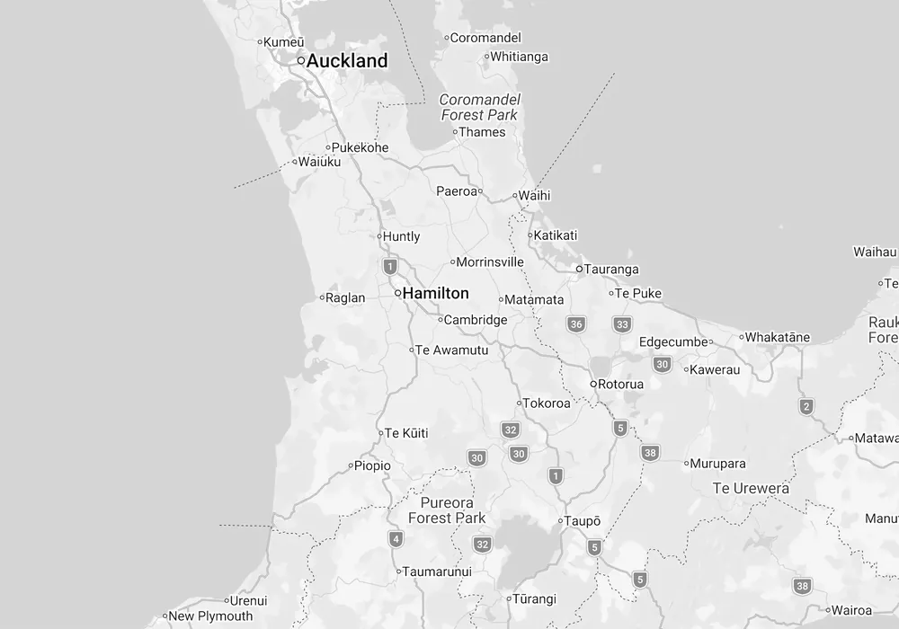 Service area map covering Waikato, Auckland, Bay of Plenty and Coromandel & Hauraki